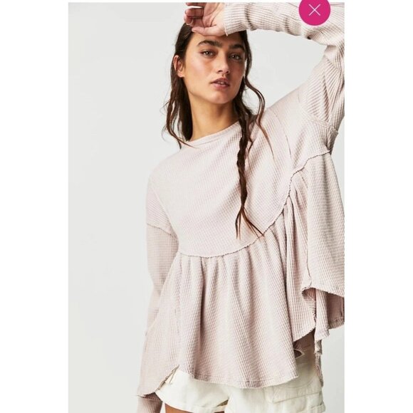 Free People Oh My Babydoll Waffle Knit Top Size Small Cream Oversized - Picture 4 of 10